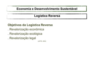 Objetivos da Logística Reversa
. Revalorização econômica
. Revalorização ecológica
. Revalorização legal
(LEITE, 2003)
Logística Reversa
Economia e Desenvolvimento Sustentável
 