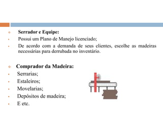  Serrador e Equipe:
 Possui um Plano de Manejo licenciado;
 De acordo com a demanda de seus clientes, escolhe as madeiras
necessárias para derrubada no inventário.
 Comprador da Madeira:
 Serrarias;
 Estaleiros;
 Movelarias;
 Depósitos de madeira;
 E etc.
 