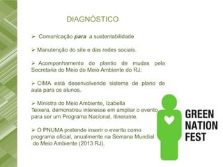 DIAGNÓSTICO

 Comunicação para a sustentabilidade

 Manutenção do site e das redes sociais.

 Acompanhamento do plantio de mudas pela
Secretaria do Meio do Meio Ambiente do RJ;

 CIMA está desenvolvendo sistema de plano de
aula para os alunos.

 Ministra do Meio Ambiente, Izabella
Teixera, demonstrou interesse em ampliar o evento
para ser um Programa Nacional, itinerante.

 O PNUMA pretende inserir o evento como
programa oficial, anualmente na Semana Mundial
do Meio Ambiente (2013 RJ).
 