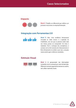 Casos Selecionados




Impacto

                  Nível 1: Trabalha um diferencial que melhora um
                  processo recorrente na empresa/instituição.




Integração com Ferramentas 2.0

                  Nível 3: Alta. Uma tendência diretamente

                  mobilidade, uma vez que as pessoas estão cada
                  vez menos presas ao computador de mesa e
                  notebooks. Com a evolução dos smartphones, o
                  contato com as ferramentas de relacionamento é
                  feito diretamente via celular e por isso, a atuação
                  nesse cenário gera melhores resultados.



Estimulo Visual
                  Nível 1: A apresentação das informações/

                  Oferecem somente argumentos textuais ao usuário,
                  sem utilizar estímulos visuais.




                                        © Terraforum Consultores        34
 