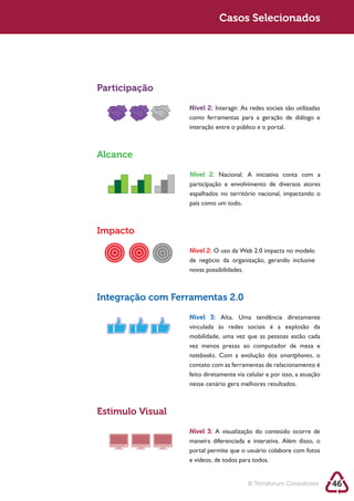 Casos Selecionados




Participação

                  Nível 2:
                  como ferramentas para a geração de diálogo e




Alcance

                  Nível 2: Nacional. A iniciativa conta com a
                  participação e envolvimento de diversos atores
                  espalhados no território nacional, impactando o
                  país como um todo.



Impacto
                  Nível 2: O uso da Web 2.0 impacta no modelo
                  de negócio da organização, gerando inclusive
                  novas possibilidades.



Integração com Ferramentas 2.0
                  Nível 3: Alta. Uma tendência diretamente

                  mobilidade, uma vez que as pessoas estão cada
                  vez menos presas ao computador de mesa e
                  notebooks. Com a evolução dos smartphones, o
                  contato com as ferramentas de relacionamento é
                  feito diretamente via celular e por isso, a atuação
                  nesse cenário gera melhores resultados.



Estimulo Visual
                  Nível 3:
                  maneira diferenciada e interativa. Além disso, o
                  portal permite que o usuário colabore com fotos
                  e vídeos, de todos para todos.


                                        © Terraforum Consultores        46
 