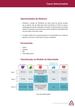 Sustentabilidade 2.0 2.0
   Sustentabilidade                                              Casos Selecionados




                Oportunidades de Melhoria


                    que os esforços reais de colaboração estão concentrados no Twitter, no qual as
                    manifestações da rede são respondidas e retuitadas. A rede não possui uma atuação
                    relevante no Facebook, o que atrairia novos usuários e facilitaria o compartilhamento
                    de outras mídias, como fotos e vídeo.



                    aplicativos, tanto para as redes sociais como para smartphones.



                Ferramentas




                Classiﬁcação no Modelo de Maturidade
                                                                      Integração com
               Participação    Alcance          Impacto               Ferramentas 2.0     Estimulo Visual



                                         Diferencial que melhora
   Nível 1       Informar       Local    processo de trabalho da            Baixa             Textual
                                               organização

                                            O uso da Web 2.0
                                           impacta no modelo                                Multimídia
   Nível 11      Interagir    Nacional                                      Média
                                          de atuação da empresa                             Unilateral
                                               ou instituição

                                           Empresa ou Instituição
                                                                                            Multimídia
   Nível 111   Formar Redes    Global       só existe em função             Alta           Colaborativo
                                                da Web 2.0



                                             Tags: meio ambiente, global.




                                                                            © Terraforum Consultores        54
 