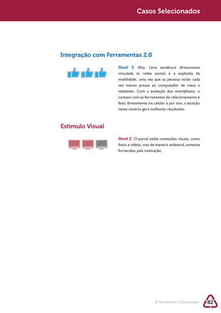 Sustentabilidade 2.0                     Casos Selecionados




            Integração com Ferramentas 2.0

                              Nível 3: Alta. Uma tendência diretamente

                              mobilidade, uma vez que as pessoas estão cada
                              vez menos presas ao computador de mesa e
                              notebooks. Com a evolução dos smartphones, o
                              contato com as ferramentas de relacionamento é
                              feito diretamente via celular e por isso, a atuação
                              nesse cenário gera melhores resultados.



            Estimulo Visual

                              Nível 2:
                              fotos e vídeos, mas de maneira unilateral, somente
                              fornecidos pela instituição.




                                                    © Terraforum Consultores        82
 
