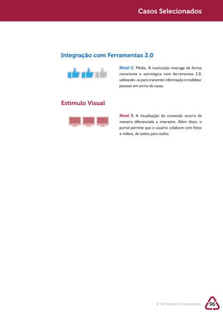 Sustentabilidade 2.0                     Casos Selecionados




            Integração com Ferramentas 2.0

                              Nível 2:
                              consciente e estratégica com ferramentas 2.0,
                              utilizando–as para transmitir informação e mobilizar
                              pessoas em torno da causa.



            Estimulo Visual

                              Nível 3:
                              maneira diferenciada e interativa. Além disso, o
                              portal permite que o usuário colabore com fotos
                              e vídeos, de todos para todos.




                                                     © Terraforum Consultores        96
 