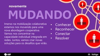 17
novamente
MUDANDOImerso na mobilização colaborativa
estamos nos movendo para uma
nova abordagem cooperativa.
Vamos nos concentrar na
capacidade individual integrada em
redes. Juntos, vamos criar novas
soluções para os desafios que virão.
• Conhecer
• Reconhecer
• Conectar
• Resolver
 