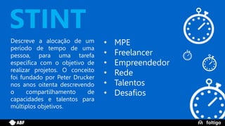 19
STINT
Descreve a alocação de um
período de tempo de uma
pessoa, para uma tarefa
específica com o objetivo de
realizar projetos. O conceito
foi fundado por Peter Drucker
nos anos oitenta descrevendo
o compartilhamento de
capacidades e talentos para
múltiplos objetivos.
• MPE
• Freelancer
• Empreendedor
• Rede
• Talentos
• Desafios
 
