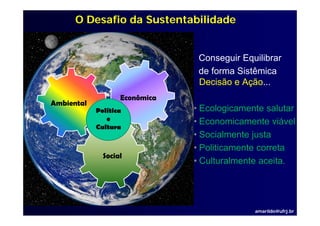 O Desafio da Sustentabilidade


                                Conseguir Equilibrar
                                      g     q
                                de forma Sistêmica
                                Decisão e Ação...
                   Econômica
Ambiental
            Política           • Ecologicamente salutar
                                        g
               e               • Economicamente viável
            Cultura
                               • Socialmente justa
                                              j
                               • Politicamente correta
              Social
                               • Culturalmente aceita.




                                             amarildo@ufrj.br
 