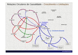 Relações Circulares de Causalidade - Crescimento e Limitações

                              +                                                                                  COTAÇÃO DO
                                          LUCROS                                                                   DOLAR
                                                               +                       CUSTOS
                                                                   RECEITAS
                                                                                      RELATIVOS
              INVESTIMENTOS                -

          +                   +                                         +                                                      BALANÇA
                                          CUSTOS
                                                                                                                              COMERCIAL


 TECNOLOGIA                                                    -                                      EXPORTAÇÃO
                                      -
                                           -               +                    E6 – Produção e 
      +                 -
                                                                                    Demanda
                                                       +                                                                                IMPORTAÇÃO
              PRODUTIVIDADE                                               PRODUÇÃO            -
                                                                        AGROPECUÁRIA
                                                                                          +
                                                   +                                              ESTOQUES
          +
                                                                                +                            R3 – Crescimento Demanda
                                  -                                 +
                                                                                              +              -
    FERTILIDADE                                    ÁREA USADA
                                                                                PIB
                                 ÁREA
                                                   -
                                                                                                             DEMANDA                 PREÇOS
                              DISPONÍVEL                                              +
                    -
                                                       +                 +
                            DESGASTE DO                                               RENDA                      +                             +
                               SOLO                                                                                           -
                                                                                                  +
                                                                                                      CONSUMO                                      PREÇOS
                                                                                                                                                   GLOBAIS
                                                               PIB INDUSTRIAL
                                                               E DE SERVIÇOS                             +            ?
                                                                                                                                  HÁBITOS DE
                                                                                                       POPULAÇÃO                   CONSUMO



                                                                                                                                          amarildo@ufrj.br
 