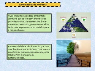 Sustentabilidade AmbientalViver em sustentabilidade ambiental é usufruir o que se tem sem prejudicar as gerações futuras. Ser sustentável é usar somente o necessário, promover o melhor tanto para as pessoas como também para o meio ambiente.A sustentabilidade não é mais do que uma conciliação entre a sociedade, crescimento económico e preservação ambiental, onde PRESERVAR é sinónimo de sustentabilidade.