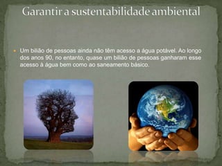 Um bilião de pessoas ainda não têm acesso a água potável. Ao longo dos anos 90, no entanto, quase um bilião de pessoas ganharam esse acesso à água bem como ao saneamento básico. Garantir a sustentabilidade ambiental