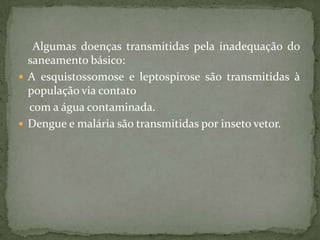 Algumas doenças transmitidas pela inadequação do
  saneamento básico:
 A esquistossomose e leptospirose são transmitidas à
  população via contato
  com a água contaminada.
 Dengue e malária são transmitidas por inseto vetor.
 