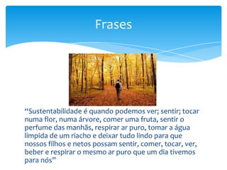 “Sustentabilidade é quando podemos ver; sentir; tocar
numa flor, numa árvore, comer uma fruta, sentir o
perfume das manhãs, respirar ar puro, tomar a água
límpida de um riacho e deixar tudo lindo para que
nossos filhos e netos possam sentir, comer, tocar, ver,
beber e respirar o mesmo ar puro que um dia tivemos
para nós”
Frases
 