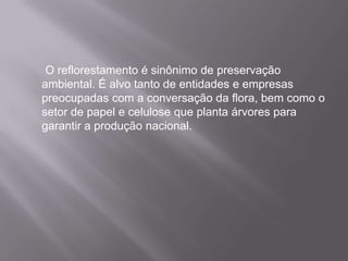 O reflorestamento é sinônimo de preservação
ambiental. É alvo tanto de entidades e empresas
preocupadas com a conversação da flora, bem como o
setor de papel e celulose que planta árvores para
garantir a produção nacional.
 