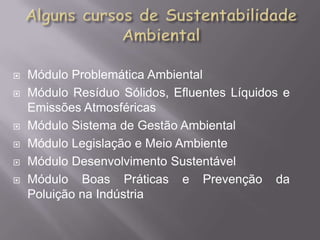    Módulo Problemática Ambiental
   Módulo Resíduo Sólidos, Efluentes Líquidos e
    Emissões Atmosféricas
   Módulo Sistema de Gestão Ambiental
   Módulo Legislação e Meio Ambiente
   Módulo Desenvolvimento Sustentável
   Módulo Boas Práticas e Prevenção da
    Poluição na Indústria
 