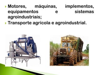  Motores, máquinas, implementos,
equipamentos e sistemas
agroindustriais;
 Transporte agrícola e agroindustrial.
 