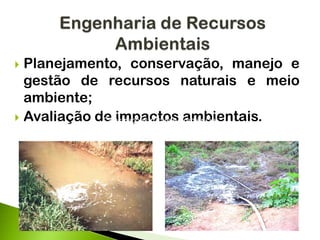  Planejamento, conservação, manejo e
gestão de recursos naturais e meio
ambiente;
 Avaliação de impactos ambientais.Construções rurais e ambiência
 