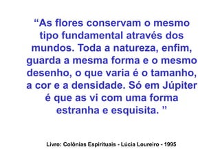 “As flores conservam o mesmo
tipo fundamental através dos
mundos. Toda a natureza, enfim,
guarda a mesma forma e o mesmo
desenho, o que varia é o tamanho,
a cor e a densidade. Só em Júpiter
é que as vi com uma forma
estranha e esquisita. ”
Livro: Colônias Espirituais - Lúcia Loureiro - 1995
 