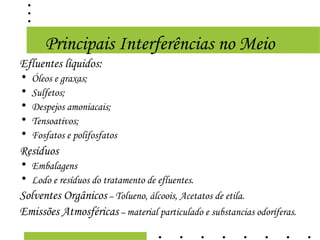 Principais Interferências no Meio
Efluentes líquidos:
•   Óleos e graxas;
•   Sulfetos;
•   Despejos amoniacais;
•   Tensoativos;
•   Fosfatos e polifosfatos
Resíduos
• Embalagens
• Lodo e resíduos do tratamento de efluentes.
Solventes Orgânicos – Tolueno, álcoois, Acetatos de etila.
Emissões Atmosféricas – material particulado e substancias odoríferas.
 