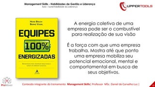 18
18
A energia coletiva de uma
empresa pode ser o combustível
para realização de sua visão
É a força com que uma empresa
trabalha. Mostra até que ponto
uma empresa mobiliza seu
potencial emocional, mental e
comportamental em busca de
seus objetivos.
Management Skills - Habilidades de Gestão e Liderança
Aula – Sustentabilidade da Liderança
Conteúdo integrante do treinamento Management Skills| Professor MSc. Daniel de Carvalho Luz |
 
