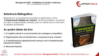 33
33
Referência Bibliográfica
Baseado em uma pesquisa inovadora e significativa, o livro
‘A Organização Dirigida por Valores!’, de Richard Barrett, esclarece
por que as organizações voltadas para os Valores são as mais bem
sucedidas do planeta.
As quatro ideias do livro
1. O capital cultural é a nova fronteira da vantagem competitiva;
2. Organizações não se transformam, as pessoas é que o fazem;
3. A transformação organizacional começa com a transformação
pessoal dos líderes;
4. Mensurar importa.
Management Skills - Habilidades de Gestão e Liderança
Aula – Sustentabilidade da Liderança
Conteúdo integrante do treinamento Management Skills| Professor MSc. Daniel de Carvalho Luz |
 