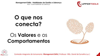O que nos
conecta?
Os Valores e os
Comportamentos
42
42
Management Skills - Habilidades de Gestão e Liderança
Aula – Sustentabilidade da Liderança
Conteúdo integrante do treinamento Management Skills| Professor MSc. Daniel de Carvalho Luz |
 