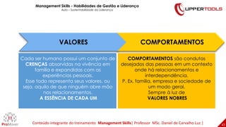 VALORES COMPORTAMENTOS
Cada ser humano possui um conjunto de
CRENÇAS absorvidas na vivência em
família e expandidas com as
experiências pessoais.
Esse todo representa seus valores, ou
seja, aquilo de que ninguém abre mão
nos relacionamentos.
A ESSÊNCIA DE CADA UM
COMPORTAMENTOS são condutas
desejados das pessoas em um contexto
onde há relacionamentos e
interdependência.
P. Ex. família, empresa e sociedade de
um modo geral.
Sempre à luz de
VALORES NOBRES
43
Management Skills - Habilidades de Gestão e Liderança
Aula – Sustentabilidade da Liderança
Conteúdo integrante do treinamento Management Skills| Professor MSc. Daniel de Carvalho Luz |
 