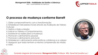 46
46
O processo de mudança conforme Barrett
1. Obter comprometimento com a transformação;
2. Estabelecer indicadores iniciais através da Avaliação de Valores
Culturais;
3. Definir a Visão e Missão;
4. Indicar os Valores e Comportamentos;
5. Esclarecer as razões para a mudança;
6. Promover o alinhamento pessoal;
7. Promover o alinhamento estrutural;
8. Estabelecer o alinhamento entre práticas cotidianas e os valores;
9. Assegurar que todos tenham a mesma compreensão da missão
e visão.
Management Skills - Habilidades de Gestão e Liderança
Aula – Sustentabilidade da Liderança
Conteúdo integrante do treinamento Management Skills| Professor MSc. Daniel de Carvalho Luz |
 