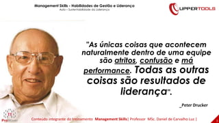 "As únicas coisas que acontecem
naturalmente dentro de uma equipe
são atritos, confusão e má
performance. Todas as outras
coisas são resultados de
liderança".
_Peter Drucker
5
Management Skills - Habilidades de Gestão e Liderança
Aula – Sustentabilidade da Liderança
Conteúdo integrante do treinamento Management Skills| Professor MSc. Daniel de Carvalho Luz |
 