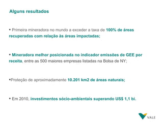 Primeira mineradora no mundo a exceder a taxa de  100% de áreas recuperadas com relação às áreas impactadas; Mineradora melhor posicionada no indicador emissões de GEE por receita , entre as 500 maiores empresas listadas na Bolsa de NY; Proteção de aproximadamente  10.201 km2 de áreas naturais; Em 2010,  investimentos sócio-ambientais superando US$ 1,1 bi. Alguns resultados 