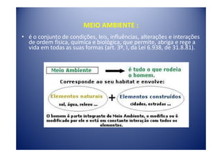 MEIO AMBIENTE :
• é o conjunto de condições, leis, influências, alterações e interações
  de ordem física, química e biológica, que permite, abriga e rege a
  vida em todas as suas formas (art. 3º, I, da Lei 6.938, de 31.8.81).
 