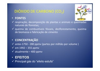 DIÓXIDO DE CARBONO (CO2)
• FONTES
 respiração, decomposição de plantas e animais e queimadas
 naturais de florestas;
 queima de combustíveis fósseis, desflorestamento, queima
 de biomassa e fabricação de cimento

• CONCENTRAÇÃO
 antes 1750 - 280 ppmv (partes por milhão por volume )
 em 1992 – 355 ppmv
 atualmente – 400 ppmv

• EFEITOS
 Principal gás do “efeito estufa”
 