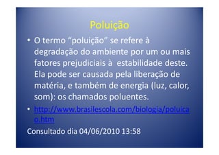 Poluição
• O termo “poluição” se refere à
  degradação do ambiente por um ou mais
  fatores prejudiciais à estabilidade deste.
  Ela pode ser causada pela liberação de
  matéria, e também de energia (luz, calor,
  som): os chamados poluentes.
• http://www.brasilescola.com/biologia/poluica
  o.htm
Consultado dia 04/06/2010 13:58
 