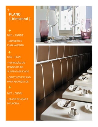 +

PLANO
| trimestral |

+
MÊS – ENGAJE
+CONCEITO E
ENGAJAMENTO

+
MÊS - PLAN
+FORMAÇÃO DO
CONSELHO DE
SUSTENTABILIDADE
+OBJETIVOS E PLANO
PARA ALCANÇÁ-LOS

+
MÊS - CHECK
+PLANO DE AÇÃO E
MELHORIA .

5

 