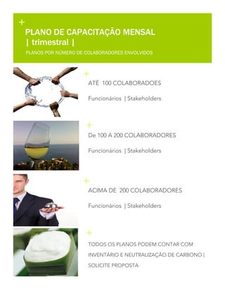 +

PLANO DE CAPACITAÇÃO MENSAL
| trimestral |
PLANOS POR NÚMERO DE COLABORADORES ENVOLVIDOS

+

ATÉ 100 COLABORADOES
Funcionários | Stakeholders

+
De 100 A 200 COLABORADORES
Funcionários | Stakeholders

+

ACIMA DE 200 COLABORADORES
Funcionários | Stakeholders

+
TODOS OS PLANOS PODEM CONTAR COM
INVENTÁRIO E NEUTRALIZAÇÃO DE CARBONO |
SOLICITE PROPOSTA
7

 