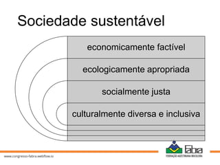 Sociedade sustentável
economicamente factível
ecologicamente apropriada
socialmente justa
culturalmente diversa e inclusiva
 