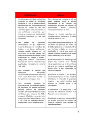 8
PONTOS FRACOS AMEAÇAS
Um défice de produtividade resultante da
interacção do padrão de actividades
dominante no País; da posição ocupada
pelas empresas que exportam a partir de
Portugal nas cadeias de valor das
actividades globais em que se inserem; e
das deficiências organizativas, quer
internas às empresas quer resultantes da
insuficiente organização em rede das
actividades
Um padrão de actividades
“internacionais” em que predominam
indústrias baseadas na intensidade do
trabalho e nas baixas qualificações.-
vestuário, calçado, cablagens etc ; na
combinação de recursos naturais com
reservas de expansão limitadas e baixas
qualificações do trabalho – madeira,
cortiça, papel, cerâmicas - e em serviços
baseados em recursos naturais e baixas
qualificações – nomeadamente o turismo
“sol –praia”
Uma orientação de mercado das
exportações portuguesas
excessivamente concentrada numa única
macro -região da economia mundial – a
Europa Continental e a zona Euro
Uma intensidade energética do
crescimento que, não obstante a redução
de importância dos sectores industriais
pesados, continuou em patamares
elevados; e foi responsável pelo aumento
significativo das emissões de GEE,
arrastando dificuldades no cumprimento
dos compromissos assumidos para com
a UE a nível das questões ambientais,
que se podem traduzir em penalizações
Maior abertura dos mercados da UE aos
países asiáticos, devido a acordos
internacionais e ao interesse das
multinacionais europeias em explorar as
oportunidades desses mercados,
nomeadamente no caso da China
Alteração do mercado petrolífero com
consequências no agravamento do défice
comercial externo do País
Dificuldades adicionais na captação de IDE
resultantes da presença no interior da
União Europeia de novos Estados Membros
com melhores condições em termos de
qualificação de mão-de-obra, custos do
trabalho, níveis de protecção social aceites
pela população e posição geográfica
Eventual crescimento do desemprego com
origem nas indústrias mais trabalho
intensivas, atingindo mão-de-obra em faixas
etárias e com níveis de escolaridade que
tornam difícil a sua reintegração no
mercado de trabalho
Acumulação de factores – do abandono
escolar ao desemprego de longa duração e
dificuldades de integração de população
imigrante - que podem contribuir para
aumento de exclusão social e de
criminalidade
Vulnerabilidade – no longo prazo – aos
impactos das alterações climáticas num
País com extensa orla costeira,
Possibilidade de abandono efectivo de 22%
do território, abrangido por estatutos de
protecção ambiental, como resultado da
falta de investimento
 