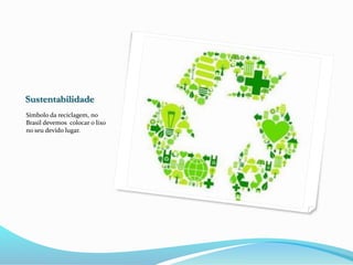 Sustentabilidade
Símbolo da reciclagem, no
Brasil devemos colocar o lixo
no seu devido lugar.
 