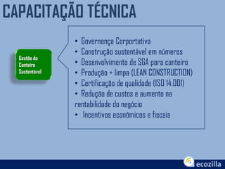 CAPACITAÇÃO TÉCNICA
• Governança Corportativa
• Construção sustentável em números
• Desenvolvimento de SGA para canteiro
• Produção + limpa (LEAN CONSTRUCTION)
• Certificação de qualidade (ISO 14.001)
• Redução de custos e aumento na
rentabilidade do negócio
• Incentivos econômicos e fiscais
Gestão do
Canteiro
Sustentável
 