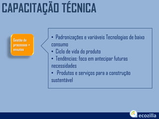 CAPACITAÇÃO TÉCNICA
• Padronizações e variáveis Tecnologias de baixo
consumo
• Ciclo de vida do produto
• Tendências: foco em antecipar futuras
necessidades
• Produtos e serviços para a construção
sustentável
Gestão de
processos +
enxutos
 