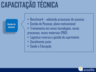 CAPACITAÇÃO TÉCNICA
• Benchmark – adotando processos de sucesso
• Gestão de Pessoas: plano motivacional
• Treinamento em novas tecnologias, novos
processos, novos materiais (P&D)
• Logistica reversa e gestão de suprimento
• Socialmente justo
• Saúde e Educação
Gestão de
pessoas
 