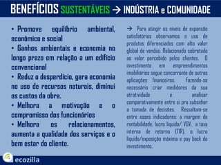 • Promove equilíbrio ambiental,
econômico e social
• Ganhos ambientais e economia no
longo prazo em relação a um edifício
convencional
• Reduz o desperdício, gera economia
no uso de recursos naturais, diminui
os custos da obra.
• Melhora a motivação e o
compromisso dos funcionários
• Melhora os relacionamentos,
aumenta a qualidade dos serviços e o
bem estar do cliente.
BENEFÍCIOS SUSTENTÁVEIS  INDÚSTRIA e COMUNIDADE
 Para atingir os níveis de expansão
satisfatórios observamos o uso de
produtos diferenciados com alto valor
global de vendas. Relacionado sobretudo
ao valor percebido pelos clientes. O
investimento em empreendimentos
imobiliários segue concorrente de outras
aplicações financeiras. Fazendo-se
necessário criar medidores da sua
atratividade e analisar
comparativamente entre si pra subsidiar
a tomada de decisões. Ressaltam-se
entre esses indicadores: a margem de
rentabilidade, lucro líquido/ VGV, a taxa
interna de retorno (TIR), o lucro
líquido/exposição máxima e pay back do
investimento.
 