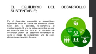 EL EQUILIBRIO DEL DESARROLLO
SUSTENTABLE:
En el desarrollo sustentable o sostenible es
importante tomar en cuenta tres elementos claves.
Estos son: la sociedad, la economía y el
medioambiente. Si uno de estos elementos no está
en armonía con los otros en el momento de
desarrollar planes de desarrollo sustentable se
corre el riesgo de comprometer uno de estos
elementos en beneficio de otros.
 