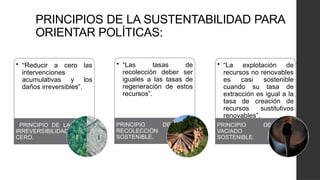 PRINCIPIOS DE LA SUSTENTABILIDAD PARA
ORIENTAR POLÍTICAS:
• “Reducir a cero las
intervenciones
acumulativas y los
daños irreversibles”.
PRINCIPIO DE LA
IRREVERSIBILIDAD
CERO.
• “Las tasas de
recolección deber ser
iguales a las tasas de
regeneración de estos
recursos”.
PRINCIPIO DE
RECOLECCIÓN
SOSTENIBLE.
• “La explotación de
recursos no renovables
es casi sostenible
cuando su tasa de
extracción es igual a la
tasa de creación de
recursos sustitutivos
renovables”.
PRINCIPIO DE
VACIADO
SOSTENIBLE.
 