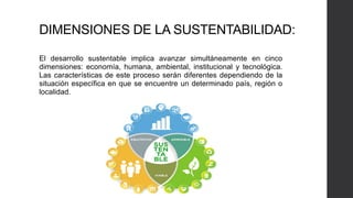 DIMENSIONES DE LA SUSTENTABILIDAD:
El desarrollo sustentable implica avanzar simultáneamente en cinco
dimensiones: economía, humana, ambiental, institucional y tecnológica.
Las características de este proceso serán diferentes dependiendo de la
situación específica en que se encuentre un determinado país, región o
localidad.
 