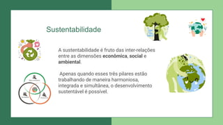 Sustentabilidade
A sustentabilidade é fruto das inter-relações
entre as dimensões econômica, social e
ambiental.
Apenas quando esses três pilares estão
trabalhando de maneira harmoniosa,
integrada e simultânea, o desenvolvimento
sustentável é possível.
 