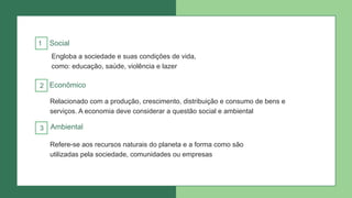 Social
Econômico
Ambiental
1
2
3
Engloba a sociedade e suas condições de vida,
como: educação, saúde, violência e lazer
Refere-se aos recursos naturais do planeta e a forma como são
utilizadas pela sociedade, comunidades ou empresas
Relacionado com a produção, crescimento, distribuição e consumo de bens e
serviços. A economia deve considerar a questão social e ambiental
 