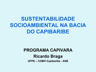 SUSTENTABILIDADE
SOCIOAMBIENTAL NA BACIA
     DO CAPIBARIBE


    PROGRAMA CAPIVARA
       Ricardo Braga
     UFPE – COBH Capibaribe - ANE
 