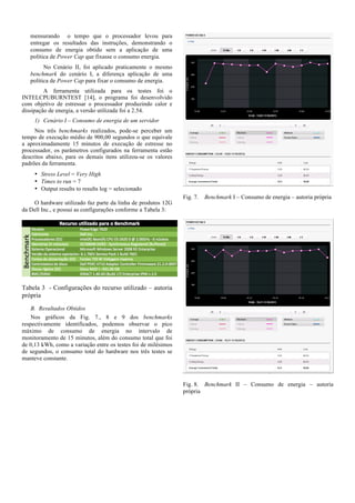 mensurando o tempo que o processador levou para
entregar os resultados das instruções, demonstrando o
consumo de energia obtido sem a aplicação de uma
política de Power Cap que fixasse o consumo energia.
No Cenário II, foi aplicado praticamente o mesmo
benchmark do cenário I, a diferença aplicação de uma
política de Power Cap para fixar o consumo de energia.
A ferramenta utilizada para os testes foi o
INTELCPUBURNTEST [14], o programa foi desenvolvido
com objetivo de estressar o processador produzindo calor e
dissipação de energia, a versão utilizada foi a 2.54.
1) Cenário I – Consumo de energia de um servidor
Nos três benchmarks realizados, pode-se perceber um
tempo de execução médio de 900,00 segundos o que equivale
a aproximadamente 15 minutos de execução de estresse no
processador, os parâmetros configurados na ferramenta estão
descritos abaixo, para os demais itens utilizou-se os valores
padrões da ferramenta.
• Stress Level = Very High
• Times to run = 7
• Output results to results log = selecionado
O hardware utilizado faz parte da linha de produtos 12G
da Dell Inc., e possui as configurações conforme a Tabela 3:

Fig. 7.

Benchmark I – Consumo de energia – autoria própria

Tabela 3 - Configurações do recurso utilizado – autoria
própria
B. Resultados Obtidos
Nos gráficos da Fig. 7., 8 e 9 dos benchmarks
respectivamente identificados, podemos observar o pico
máximo de consumo de energia no intervalo de
monitoramento de 15 minutos, além do consumo total que foi
de 0,13 kWh, como a variação entre os testes foi de milésimos
de segundos, o consumo total do hardware nos três testes se
manteve constante.

Fig. 8. Benchmark II – Consumo de energia – autoria
própria

 