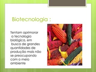 Biotecnologia :
Tentam aprimorar
a tecnologia
biológica, em
busca de grandes
quantidades de
produção mais não
se preocupando
com o meio
ambiente
 