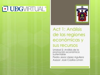 Act 1: Análisis
de las regiones
económicas y
sus recursos
Unidad 2: Análisis de la
promoción económica
sustentable
Pedro Jesús López Aguilera
Asesor: José Casillas Limón
 